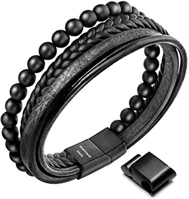 Speroto New Mens Bracelet Bead and Leather Braided, Lava and Onyx Bead Leather Bracelet for Men
