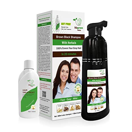 Biogreen Roots Shampoo 400ml - Brown Black Hair color Shampoo with herbals- Covers Gray Hair for Men and Women - Clinically Tested Brown Black hair Color Shampoo for All Hair Types -400ml with Special care after color Treatment 100ml