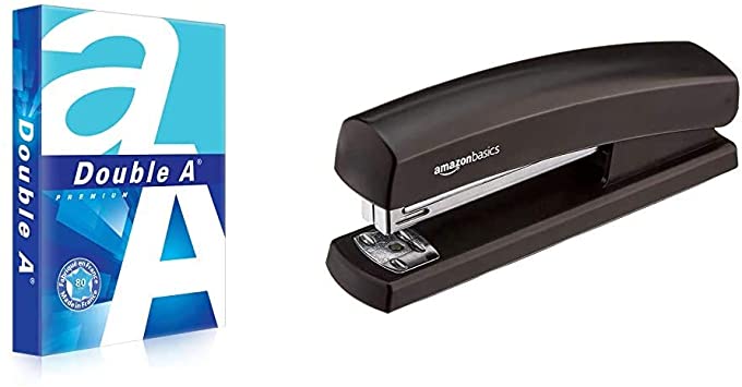 Double A, A4 Ream Paper, A4 80 GSM, 1 Ream, 500 Sheets & AmazonBasics Stapler with 1000 Staples, Black