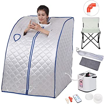 ZeHuoGe Silver Portable Steam Sauna Kit SPA Detox 9-Level Temperature Adjustment 6-Level Time Setting 2L Steamer Digital Display Remote 220LBS Capacity of Chair US Delivery (Silver)