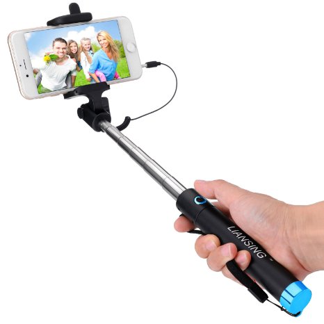 Selfie Stick LIANSING Wired Portable Foldable Self-portrait Monopod battery free with Remote Shutter Blue