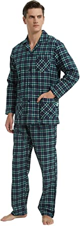 GLOBAL Men's Pajamas Sets 100% Cotton Flannel Sleepwear Long-Sleeve top & Bottom