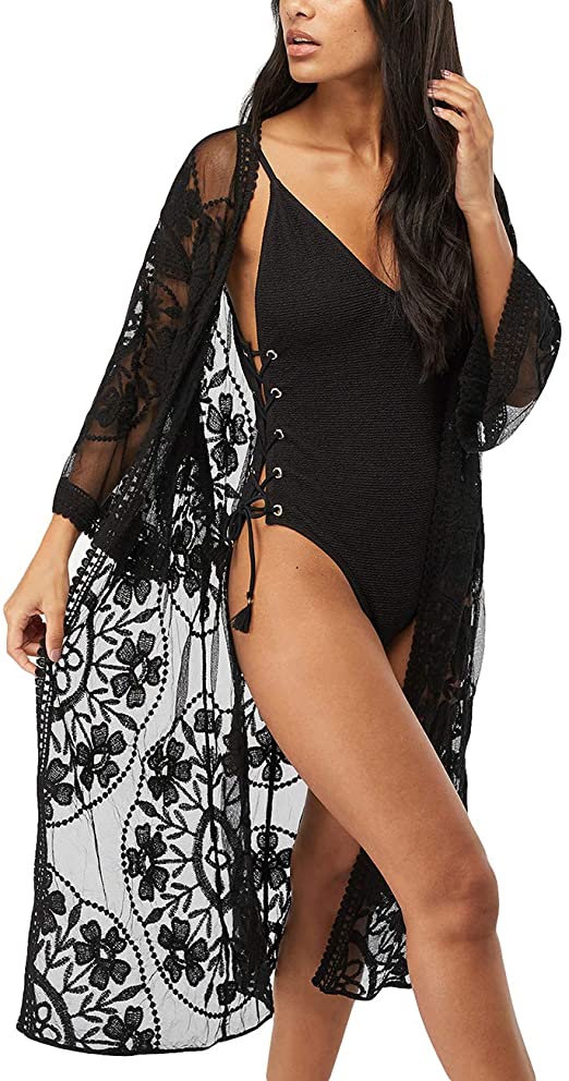 Bsubseach Women Sexy Lace Crochet Open Front Swimsuit Beach Long Kimono Cover Ups