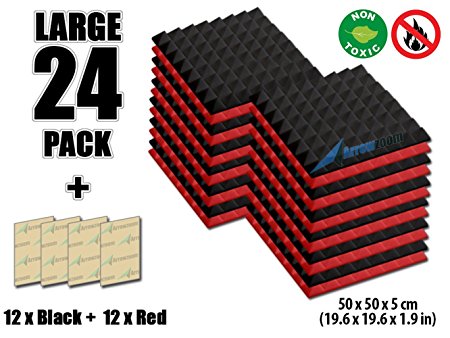 Arrowzoom New 24 Pack of Red & Black (19.6 in X 19.6 in X 1.9 in) Soundproofing Insulation Pyramid Acoustic Wall Foam Padding Studio Foam Tiles AZ1034 (RED&BLACK)