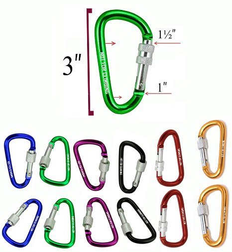 3 Inch Aluminum D Shaped Colored Carabiner with Locking Screw & Key Ring-Set of 12/ Used for Fishing, Traveling, Camping Hook, Hiking, Key Ring Holder, ...etc (not for climbing)