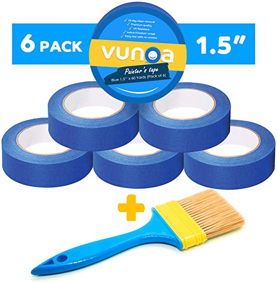 Blue Painters Tape, 6 Pack 1.5" x 60 Yards Length, with Easy Removal for All Surfaces, UV Resistant 14 Days Clean, No Residue, Delivers Sharp Paint Lines with a Paint Brush Included