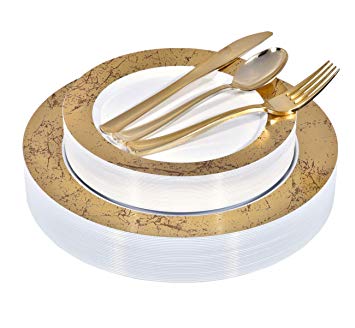 125-Piece Elegant Plastic Plates & Cutlery Set Service for 25 Disposable Place Setting Includes: 25 Dinner Plates, 25 Salad Plates, 25 Forks, 25 Knives, 25 Spoons (Gold Marble) - Stock Your Home