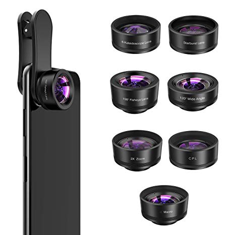 Phone Camera Lens,7 in 1 Cell Phone Lens Kit -120°Wide Angle Lens,Macro Lens,198°Fisheye Lens,Starburst Lens,2X telephoto,CPL,6 Kaleidoscope,Clip-On Compatible iPhone Samsung and Most Smartphone