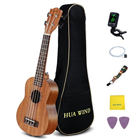 Soprano Ukulele Hua Wind 21 Inch Hawaiian Ukulele Starter Kit w/ Gig Bag ,Tuner,Ukulele Strap,Picks,Ukulele Strings,Polishing Cloth