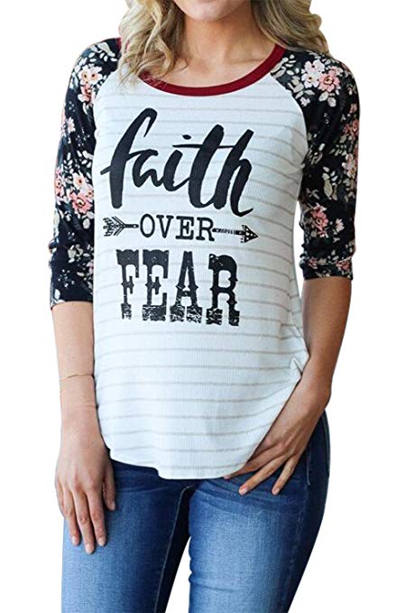 Faith Over Fear T Shirt Letter Print Tee Shirt for Women Striped Floral 3/4 Sleeve Raglan Baseball Tee Shirt Top