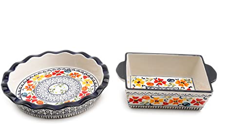 Gibson Luxembourg Handpainted 10.5" Pie Dish & 8" Square Bakeware, One Size, Blue and Cream w/Floral Designs