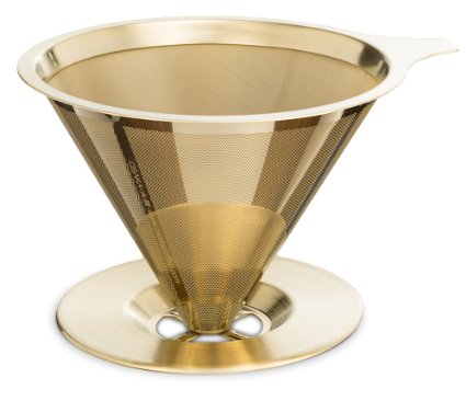 Osaka Titanium Coated Gold Pour Over Cone Dripper, Reusable Stainless Steel Coffee Filter with Cup Stand "Himeji-jo"