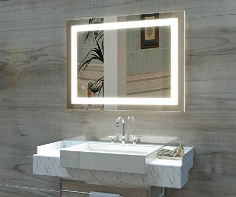 HAUSCHEN 36 x 28 inch LED Lighted Bathroom Wall Mounted Fogless Mirror with 5500K Cold White Dimmable Memory Touch Button
