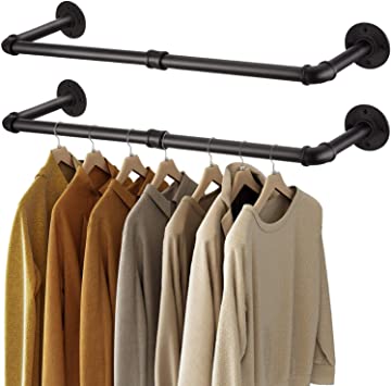 Greenstell Industrial Pipe Clothes Rack Wall Mounted,Space-Saving Iron Garment Rack Multi-Purpose,Detachable Rustic Hanging Shelves 2 Base Black (2 Pack)