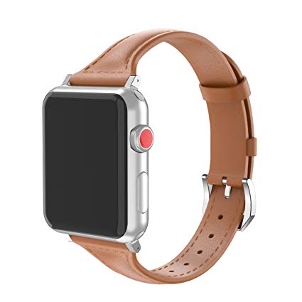 Wearlizer Compatible Apple Watch Genuine Leather Brown Band 38mm Womens Mens iWatch Slim Sport Strap Wristband Replacement Cool Bracelet with Metal Stainless Steel Buckle Clasp,Series 3 2 1 Edition