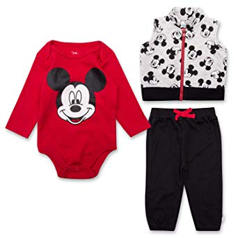 Newborn Boys Mickey Mouse Set - Disney Mickey Mouse 3 Peice Clothing Set - Long Sleeve Onesie, Vest, and Sweatpants