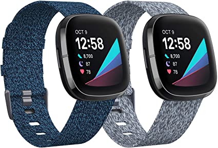 KIMILAR 2 Pack Bands Compatible with Fitbit Versa 3 / Fitbit Sense Bands, Small Large Soft Woven Fabric Breathable Accessories Strap Replacement Wristband Women Men for Versa 3 / Sense Smart Watch