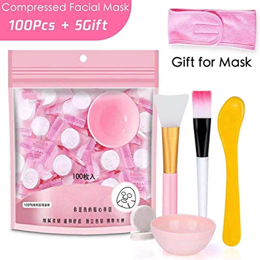 100 pcs Compressed Facial Mask Sheet Beauty DIY Disposable Mask Paper Natural Cotton Skin Care Wrapped Masks Normal Thick，Get a Small Mask Bowl, Mask Brushes and Hair Band Free