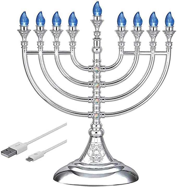 Aviv Judaica Traditional LED Electric Hanukkah Menorah - Battery or USB Powered - Includes a Micro USB 5' Cable