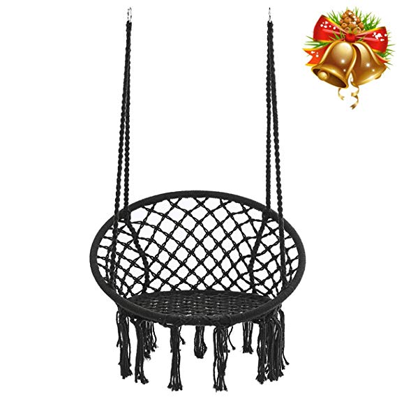 KINGSO Hammock Chair Macrame Swing, Handmade Knitted Hanging Cotton Rope Chair for Indoor/Outdoor Home Patio Deck Yard Garden Reading Leisure, 260 Pounds Capacity (Black)