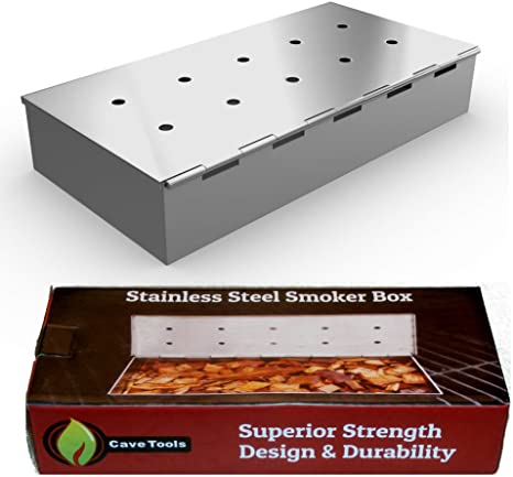 Smoker Box for BBQ Grill Wood Chips - 25% THICKER STAINLESS STEEL WON'T WARP - Charcoal & Gas Barbecue Meat Smoking with Hinged Lid - Best Grilling Accessories & Utensils Gift for Dad by Cave Tools