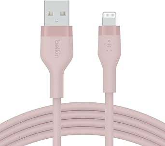 Belkin BoostCharge Flex Silicone USB Type A to Lightning Cable (2M/6.6FT), MFi Certified Charging Cable for iPhone 14/14 Plus, 13, 12, Pro, Max, Mini, SE, iPad and More – Pink