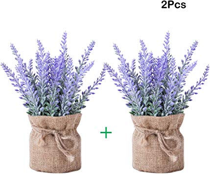 YAPASPT 2 Pack Small Burlap Potted Lavender Flowers - Artificial Plants and Flocked Charming Purple for Warm and Loving Table Decor