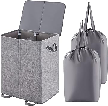 Lifewit Double Laundry Hamper with Lid and Removable Laundry Bags, Large Collapsible 2 Dividers Dirty Clothes Basket with Handles for Bedroom, Laundry Room, Closet, Bathroom, College, Grey