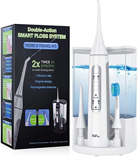 Water Flosser & Electric Toothbrush Combo, YaFex 600ml Water Dental Flosser with Toothbrush, 2 Jet Tips, 1 Brush Head, Replaceable Water Tank for Home and Travel