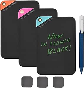 Boogie Board VersaNotes Starter Pack, Reusable 3-Pack 4x6 Dry-Erase and Sticky Note Alternative for Home and Office, Includes 3 VersaNotes, Magnetic Mounting Plates, Instant Erase - Black