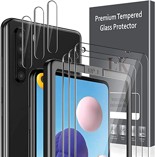 6 Pack LK 3 Pack Screen Protector   3 Pack Camera Lens Protector Compatible with Samsung Galaxy A21 Tempered Glass, Easy Frame Installation, HD Ultra-Thin