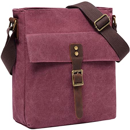 Messenger Bag, Kasqo Small Vintage Canvas Leather Lightweight Shoulder Crossbody Bag for Women Wine Red