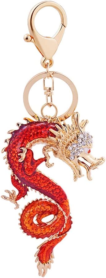 Chinese Style Keychain Dragon Keychain Chinese Zodiac Keyring Bling Diamond Pendant Auspicious Charm for Car Handbag Backpack