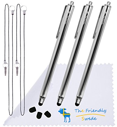 The Friendly Swede Bundle of 3PCS Premium Branded 5.5" Thin-Tip High Precision Universal Capacitive Stylus Pens   Extra 3 Replaceable Tips and 2 X 15" Detachable Elastic Lanyards