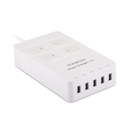 MoKo 1250W 4-Outlet Home / Office Power Strip Surge Protector With 5-Port USB Smart Charger and 4.6 Feet Power Cord, for iphone(6s / 6s plus), Samsung S6 / S6 Edge and More, WHITE