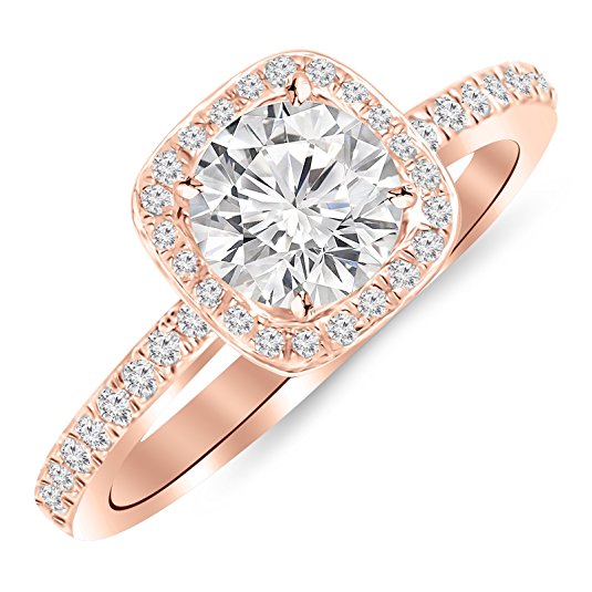 1 Carat 14K White Gold Classic Halo Style Cushion Shape Diamond Engagement Ring with a 0.75 Carat H-I I1 Center