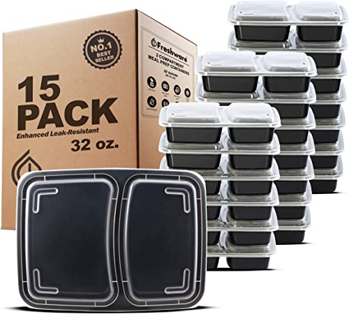 Freshware Meal Prep Containers [15 Pack] 2 Compartment with Lids, Food Storage Containers, Bento Box, BPA Free, Stackable, Microwave/Dishwasher/Freezer Safe (32 oz)