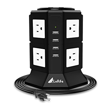 Tower Power Strip Lidlife 8 Outlets with 4 Smart USB ( 5V, Total Max 4.5A ) Power Strip Power Socket Strip 6.5ft/2M Extension Cords
