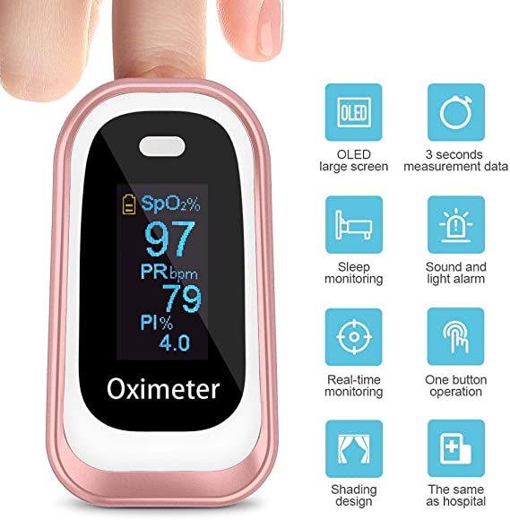 Pulse Oximeter, Oxygen Monitor Finger Heart Rate Monitor Oxygen Saturation Monitor Adult and Child with Omnidirectional OLED Display Includes Lanyard (White Gold)