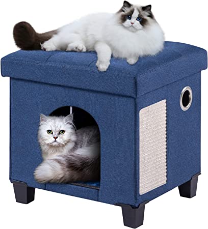 BRIAN & DANY Foldable Cat Bed for Indoor Cats, Large Linen Covered Cat Bed Cave Enclosed Cat House with Cat Scratch Board & Cat Ball - Blue