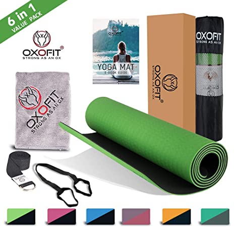 OxOFit All Purpose Thick High Quality Yoga Mat Combo Kit of 6 , Yoga Mat with Bag Cover,Microfiber Towel, Streching belt, Ebook and Carrying Strap,Anti-Tear Sustainable TPE Material for Yoga, Meditation, Pilates & Floor Exercises 6ft x 2ft x 6mm Thick Mat
