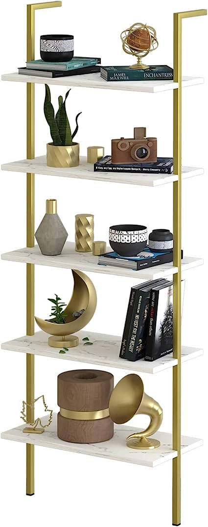 aboxoo Ladder Shelf White Marble Open Bookshelf 5-Tier Wall-Mounted Wood Rack Industrial Modern Plant Flower Stand Utility Organizer Bookcase Metal Frame Furniture Office Kitchen Bedroom