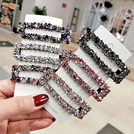 Rectangle Sparkly AB Crystal Hair Clips Fashion Large Hair Barrettes Wedding Decorative Bling Czech Diamond Hairpins Handmade Rhinestone Snap Clips Hair Accessories for Women Girls (6 Colors / 6 Pcs)