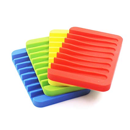 4 Pack Silicone Waterfall Soap Dish Saver Holder, SENHAI Colorful Soap Tray Drainer for Shower Bathroom Kitchen - Red, Green, Yellow, Blue