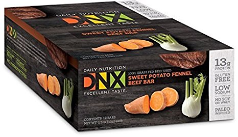 Paleo Protein Bar by DNX - Gluten Free - No MSG -No Nitrates- Grass Fed Beef -No Hormones-No Antibiotics-No Soy - Sweet Potato Fennel Beef Bar (12 Bars)