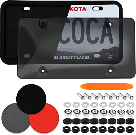 KARCOCA 1 Set Silicone License Plate Frame with Tinted License Plate Covers Smoked Unbreakable License Plate Covers Combo fits Any Standard US Plates
