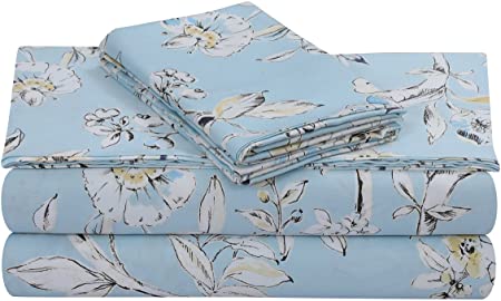 Tribeca Living 300 Thread Count Cotton Extra Deep Pocket Printed Sheet Set, King, Colmar Sky Blue/Multi