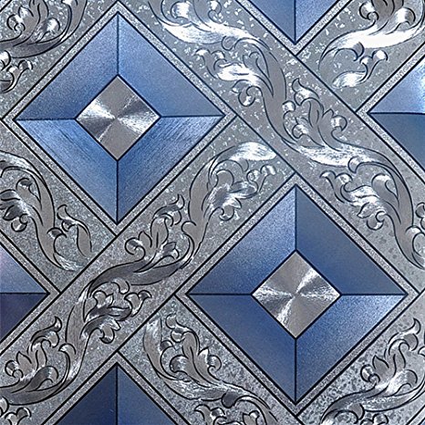 QIHANG Luxury Silver Foil Mosaic Square Lattice Background Flicker Wallpaper Gold Leaf Wallpaper Modern Roll/hotel Ceiling/decorative Wallpaper Roll Silver&Blue Color 1.73' W x 32.8' L=57 sq.ft