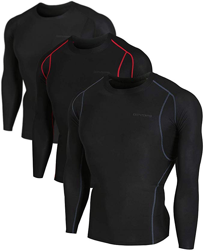 DEVOPS Men's 3 Pack Cool Dry Athletic Compression Long Sleeve Baselayer Workout T-Shirts