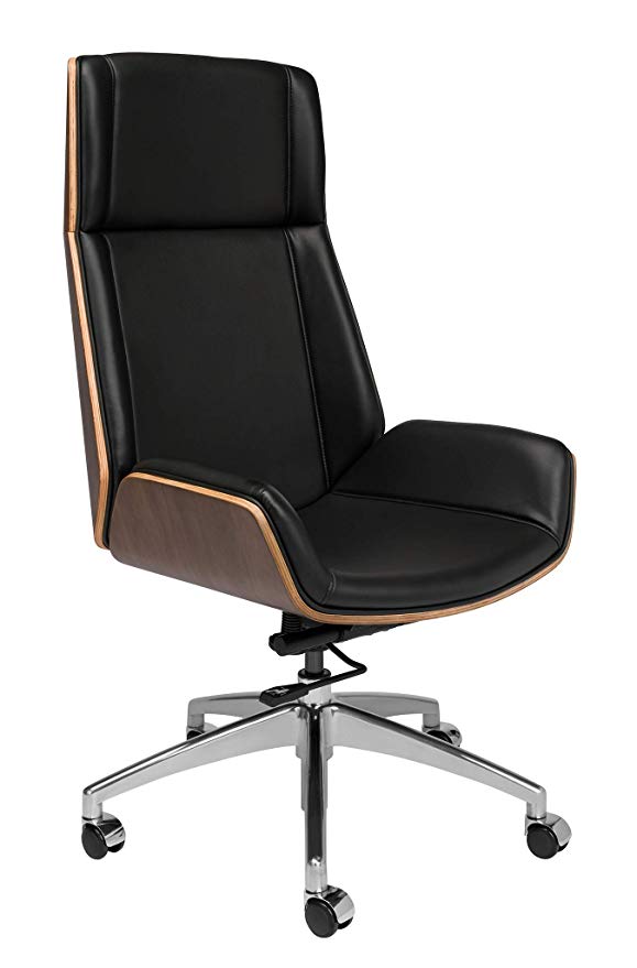 Manhattan Mid Century Eames Style Office Chair with Vegan Leather and Wood (Tall Back, Black)